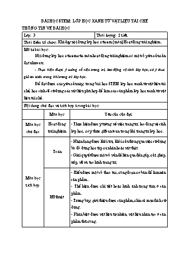 Bài học STEM Hoạt động trải nghiệm Lớp 3 - Chủ đề: Lớp học xanh từ vật liệu tái chế - Năm học 2024-2025 - Nguyễn Thị Hải Anh