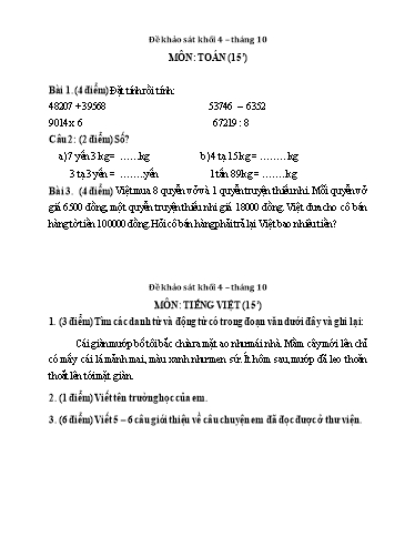 Đề khảo sát tháng 10 môn Toán, Tiếng Việt Lớp 4
