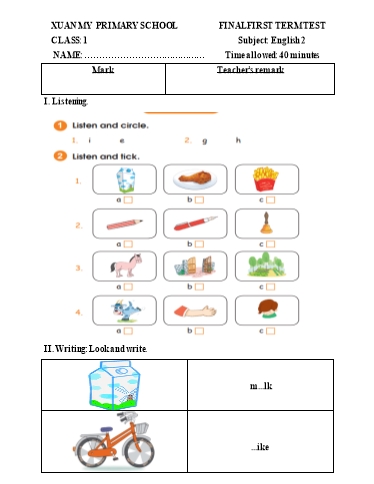 Đề kiểm tra học kì I môn Tiếng Anh Lớp 1 - Trường Tiểu học Xuân Mỹ (Có đáp án)