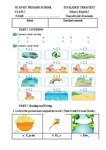 Đề kiểm tra học kì I môn Tiếng Anh Lớp 2 - Năm học 2022-2023 - Trường Tiểu học Xuân Mỹ (Có đáp án)