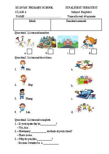 Đề kiểm tra học kì I môn Tiếng Anh Lớp 4 - Năm học 2022-2023 - Trường Tiểu học Xuân Mỹ