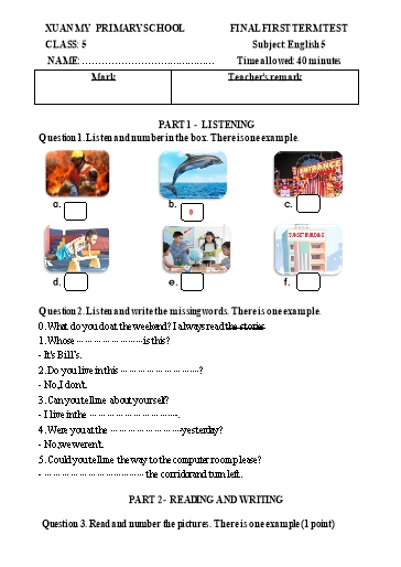 Đề kiểm tra học kỳ I môn Tiếng Anh Lớp 5 - Năm học 2024-2025 - Trường Tiểu học Xuân Mỹ (Có đáp án)