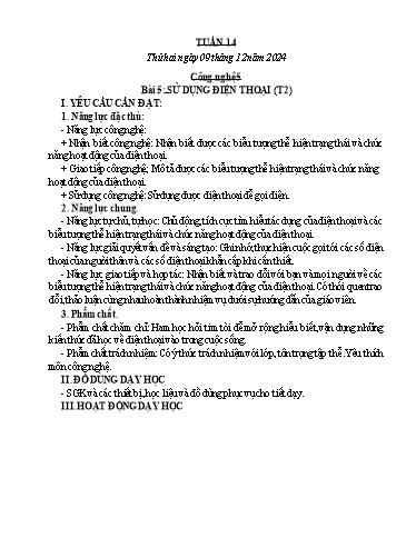 Kế hoạch bài dạy Công nghệ, Mĩ thuật Tiểu học (Kết nối tri thức) - Tuần 14 - Năm học 2024-2025 - Đặng Thị Hằng