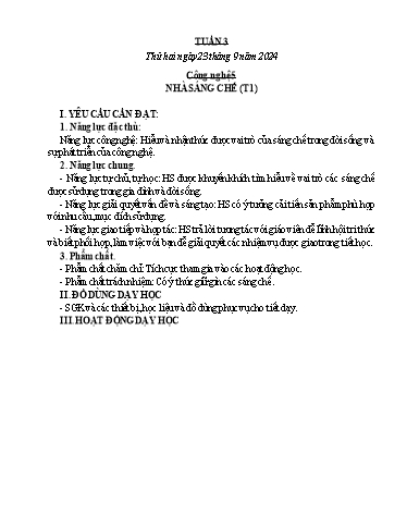 Kế hoạch bài dạy Công nghệ, Mĩ thuật Tiểu học (Kết nối tri thức) - Tuần 3 - Năm học 2024-2025 - Đặng Thị Hằng