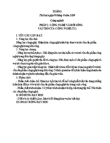 Kế hoạch bài dạy Công nghệ, Mĩ thuật Tiểu học (Kết nối tri thức) - Tuần 1 - Năm học 2024-2025 - Đặng Thị Hằng