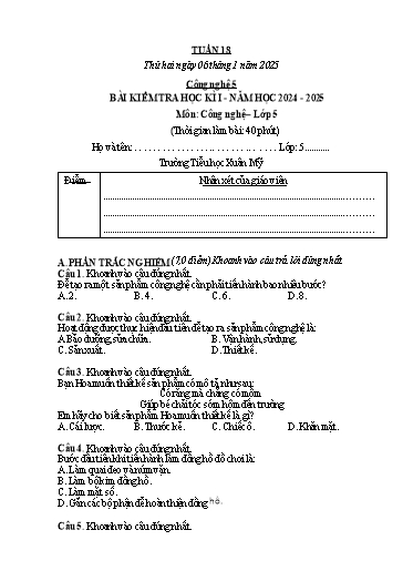 Kế hoạch bài dạy Công nghệ, Mĩ thuật Tiểu học (Kết nối tri thức) - Tuần 18 - Năm học 2024-2025  - Đặng Thị Hằng