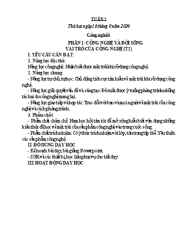 Kế hoạch bài dạy Công nghệ, Mĩ thuật Tiểu học (Kết nối tri thức) - Tuần 2 - Năm học 2024-2025 - Đặng Thị Hằng