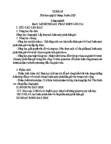 Kế hoạch bài dạy Công nghệ, Mĩ thuật Tiểu học (Kết nối tri thức) - Tuần 29 - Năm học 2024-2025 - Đặng Thị Hằng
