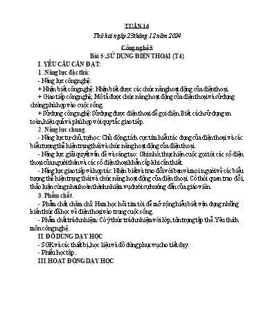 Kế hoạch bài dạy Công nghệ, Mĩ thuật Tiểu học (Kết nối tri thức) - Tuần 16 - Năm học 2024-2025 - Đặng Thị Hằng