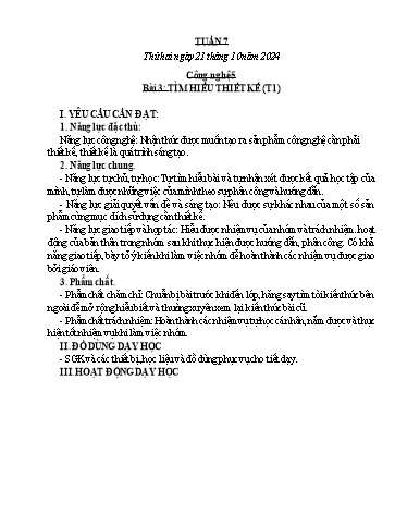 Kế hoạch bài dạy Công nghệ, Mĩ thuật Tiểu học (Kết nối tri thức) - Tuần 7 - Năm học 2024-2025 - Đặng Thị Hằng