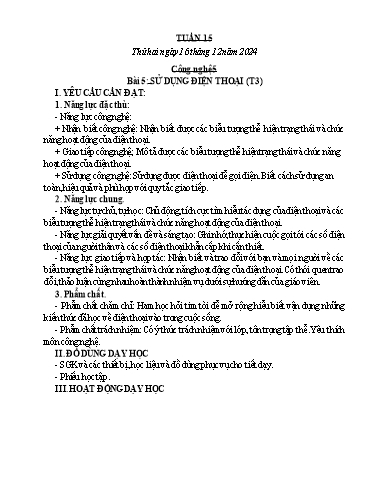 Kế hoạch bài dạy Công nghệ, Mĩ thuật Tiểu học (Kết nối tri thức) - Tuần 15 - Năm học 2024-2025 - Đặng Thị Hằng