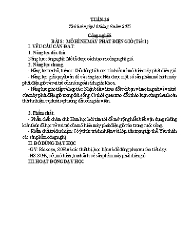 Kế hoạch bài dạy Công nghệ, Mĩ thuật Tiểu học (Kết nối tri thức) - Tuần 26 - Năm học 2024-2025 - Đặng Thị Hằng