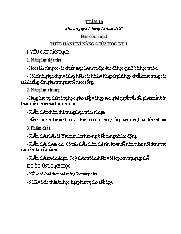 Kế hoạch bài dạy Đạo đức, Âm nhạc Tiểu học - Tuần 10 - Năm học 2024-2025 - Nguyễn Thị Huế