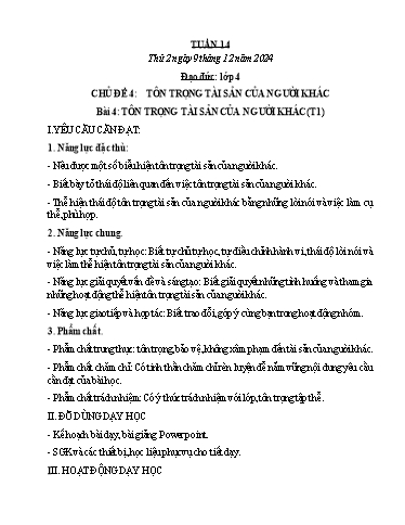 Kế hoạch bài dạy Đạo đức, Âm nhạc Tiểu học - Tuần 14 - Năm học 2024-2025 - Nguyễn Thị Huế