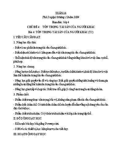 Kế hoạch bài dạy Đạo đức, Âm nhạc Tiểu học - Tuần 15 - Năm học 2024-2025 - Nguyễn Thị Huế