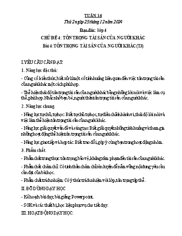 Kế hoạch bài dạy Đạo đức, Âm nhạc Tiểu học - Tuần 16 - Năm học 2024-2025 - Nguyễn Thị Huế