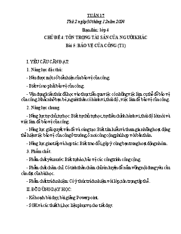Kế hoạch bài dạy Đạo đức, Âm nhạc Tiểu học - Tuần 17 - Năm học 2024-2025 - Nguyễn Thị Huế