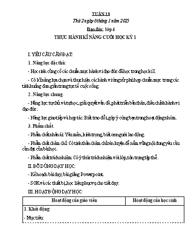 Kế hoạch bài dạy Đạo đức, Âm nhạc Tiểu học - Tuần 18 - Năm học 2024-2025 - Nguyễn Thị Huế
