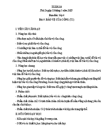 Kế hoạch bài dạy Đạo đức, Âm nhạc Tiểu học - Tuần 19 - Năm học 2024-2025 - Nguyễn Thị Huế