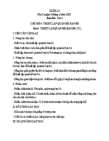 Kế hoạch bài dạy Đạo đức, Âm nhạc Tiểu học - Tuần 22 - Năm học 2024-2025 - Nguyễn Thị Huế