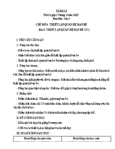 Kế hoạch bài dạy Đạo đức, Âm nhạc Tiểu học - Tuần 23 - Năm học 2024-2025 - Nguyễn Thị Huế