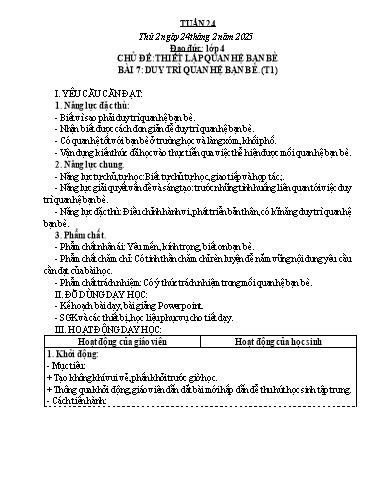Kế hoạch bài dạy Đạo đức, Âm nhạc Tiểu học - Tuần 24 - Năm học 2024-2025 - Nguyễn Thị Huế