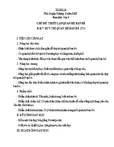 Kế hoạch bài dạy Đạo đức, Âm nhạc Tiểu học - Tuần 25 - Năm học 2024-2025 - Nguyễn Thị Huế