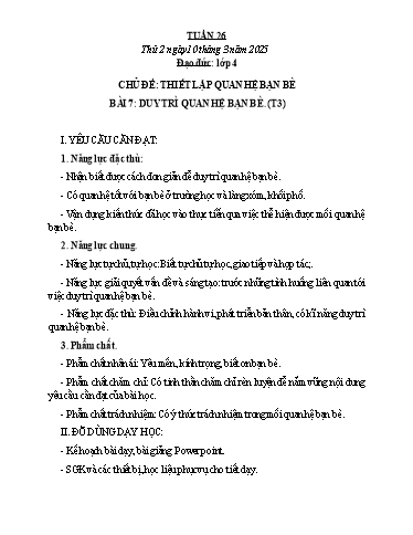 Kế hoạch bài dạy Đạo đức, Âm nhạc Tiểu học - Tuần 26 - Năm học 2024-2025 - Nguyễn Thị Huế