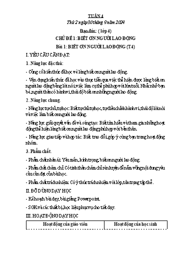 Kế hoạch bài dạy Đạo đức, Âm nhạc Tiểu học - Tuần 4 - Năm học 2024-2025 - Nguyễn Thị Huế