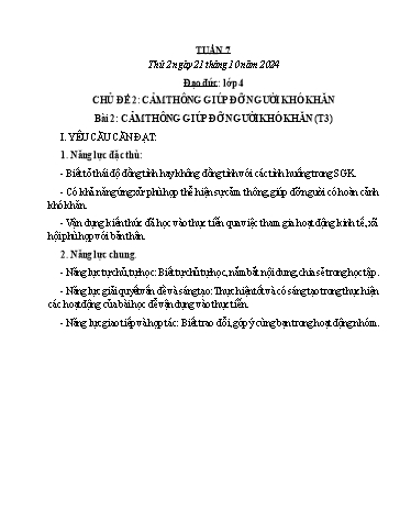 Kế hoạch bài dạy Đạo đức, Âm nhạc Tiểu học - Tuần 7 - Năm học 2024-2025 - Nguyễn Thị Huế