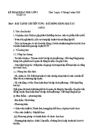 Kế hoạch bài dạy Giáo dục thể chất Lớp 3 (Kết nối tri thức) - Tuần 25 - Năm học 2024-2025 - Trường Tiểu học Xuân Liên