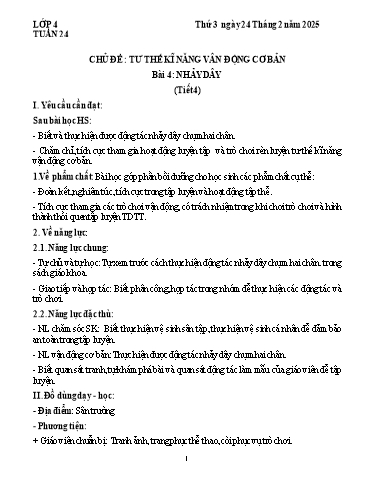 Kế hoạch bài dạy Giáo dục thể chất Lớp 4 (Kết nối tri thức) - Tuần 24 - Năm học 2024-2025 - Ngô Thị Ngọc Thư