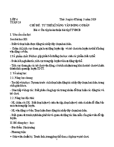 Kế hoạch bài dạy Giáo dục thể chất Lớp 4 (Kết nối tri thức) - Tuần 25 - Năm học 2024-2025 - Trường Tiểu học Xuân Liên