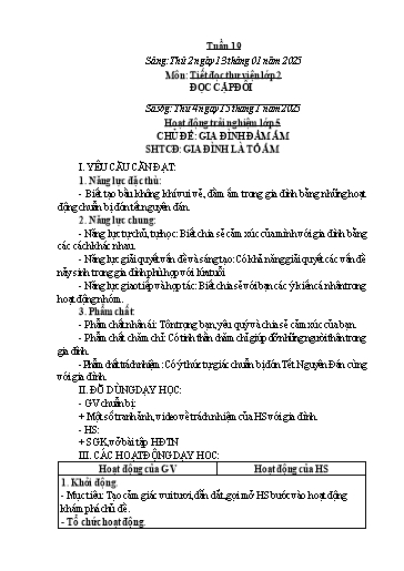 Kế hoạch bài dạy Hoạt động trải nghiệm Tiểu học - Tuần 19 - Năm học 2024-2025 - Trần Thị Huệ