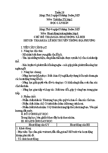 Kế hoạch bài dạy Hoạt động trải nghiệm Tiểu học - Tuần 25 - Năm học 2024-2025 - Trần Thị Huệ