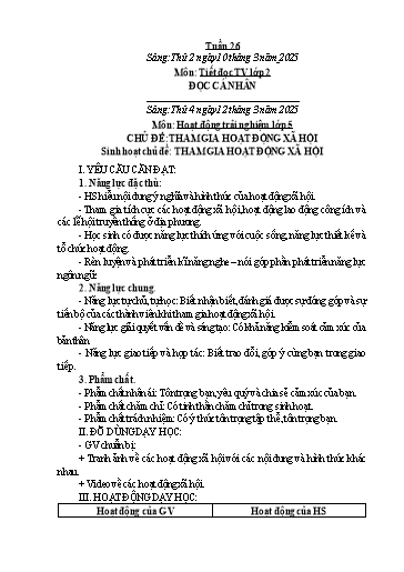 Kế hoạch bài dạy Hoạt động trải nghiệm Tiểu học - Tuần 26 - Năm học 2024-2025 - Trần Thị Huệ