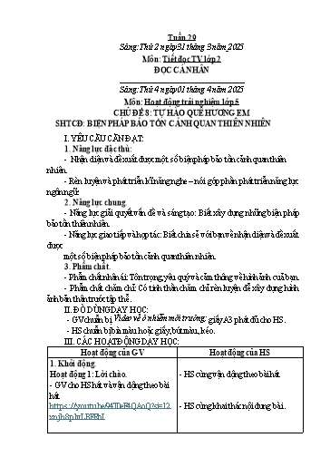 Kế hoạch bài dạy Hoạt động trải nghiệm Tiểu học - Tuần 29 - Năm học 2024-2025 - Trần Thị Huệ