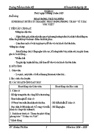 Kế hoạch bài dạy Lớp 2 - Tuần 22 - Năm học 2024-2025 - Hoàng Thị Hoa