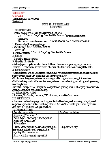 Kế hoạch bài dạy Tiếng Anh Lớp 1, 2, 3 - Tuần 25 - Năm học 2024-2025 - Ngô Thị Ngọc Thư