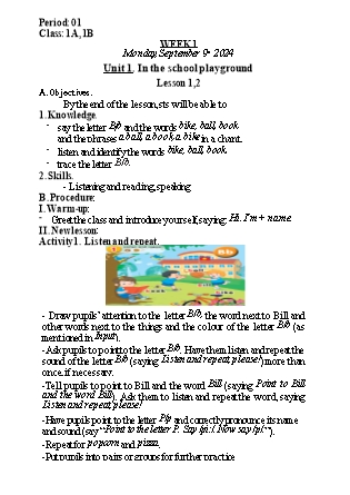 Kế hoạch bài dạy Tiếng Anh Lớp 1 (Global Success) - Tuần 1, Unit 1: In the school playground - Lesson 1, 2 - Năm học 2024-2025 - Nguyễn Lê Vân Anh