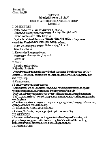Kế hoạch bài dạy Tiếng Anh Lớp 1 (Global Success) - Tuần 10, Unit 5: At the fish and chips shop - Lesson 1, 2 - Năm học 2024-2025 - Nguyễn Lê Vân Anh