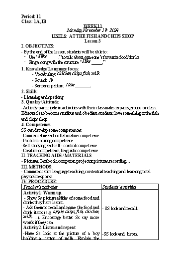 Kế hoạch bài dạy Tiếng Anh Lớp 1 (Global Success) - Tuần 11, Unit 5: At the fish and chips shop - Lesson 3 - Năm học 2024-2025 - Nguyễn Lê Vân Anh