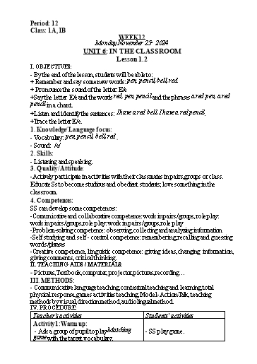 Kế hoạch bài dạy Tiếng Anh Lớp 1 (Global Success) - Tuần 12, Unit 6: In the classroom - Lesson 1, 2 - Năm học 2024-2025 - Nguyễn Lê Vân Anh