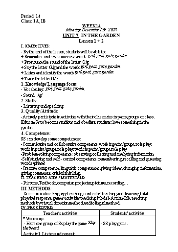 Kế hoạch bài dạy Tiếng Anh Lớp 1 (Global Success) - Tuần 13, Unit 7: In the garden - Lesson 1+2 - Năm học 2024-2025 - Nguyễn Lê Vân Anh
