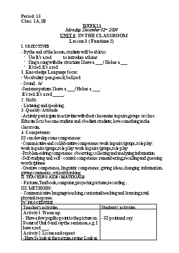 Kế hoạch bài dạy Tiếng Anh Lớp 1 (Global Success) - Tuần 13, Unit 6: In the classroom - Lesson 3 - Năm học 2024-2025 - Nguyễn Lê Vân Anh