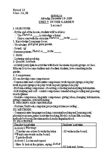 Kế hoạch bài dạy Tiếng Anh Lớp 1 (Global Success) - Tuần 13, Unit 7: In the garden - Lesson 3 - Năm học 2024-2025 - Nguyễn Lê Vân Anh