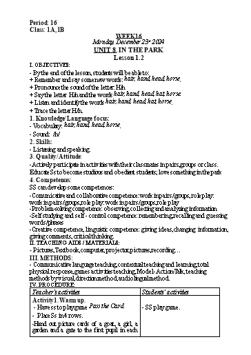 Kế hoạch bài dạy Tiếng Anh Lớp 1 (Global Success) - Tuần 16, Unit 8: In the park - Lesson 1, 2 - Năm học 2024-2025 - Nguyễn Lê Vân Anh