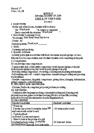 Kế hoạch bài dạy Tiếng Anh Lớp 1 (Global Success) - Tuần 17, Unit 8: In the park - Lesson 3 - Năm học 2024-2025 - Nguyễn Lê Vân Anh