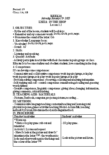 Kế hoạch bài dạy Tiếng Anh Lớp 1 (Global Success) - Tuần 19, Unit 9: In the shop - Lesson 1, 2 - Năm học 2024-2025 - Nguyễn Lê Vân Anh