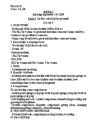 Kế hoạch bài dạy Tiếng Anh Lớp 1 (Global Success) - Tuần 2, Unit 1: In the school playground - Lesson 3 - Năm học 2024-2025 - Nguyễn Lê Vân Anh